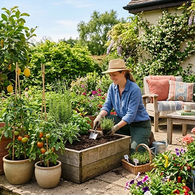 Jardin wallon au mois d'avril avec outils de jardinage posés sur la terre fraîchement travaillée